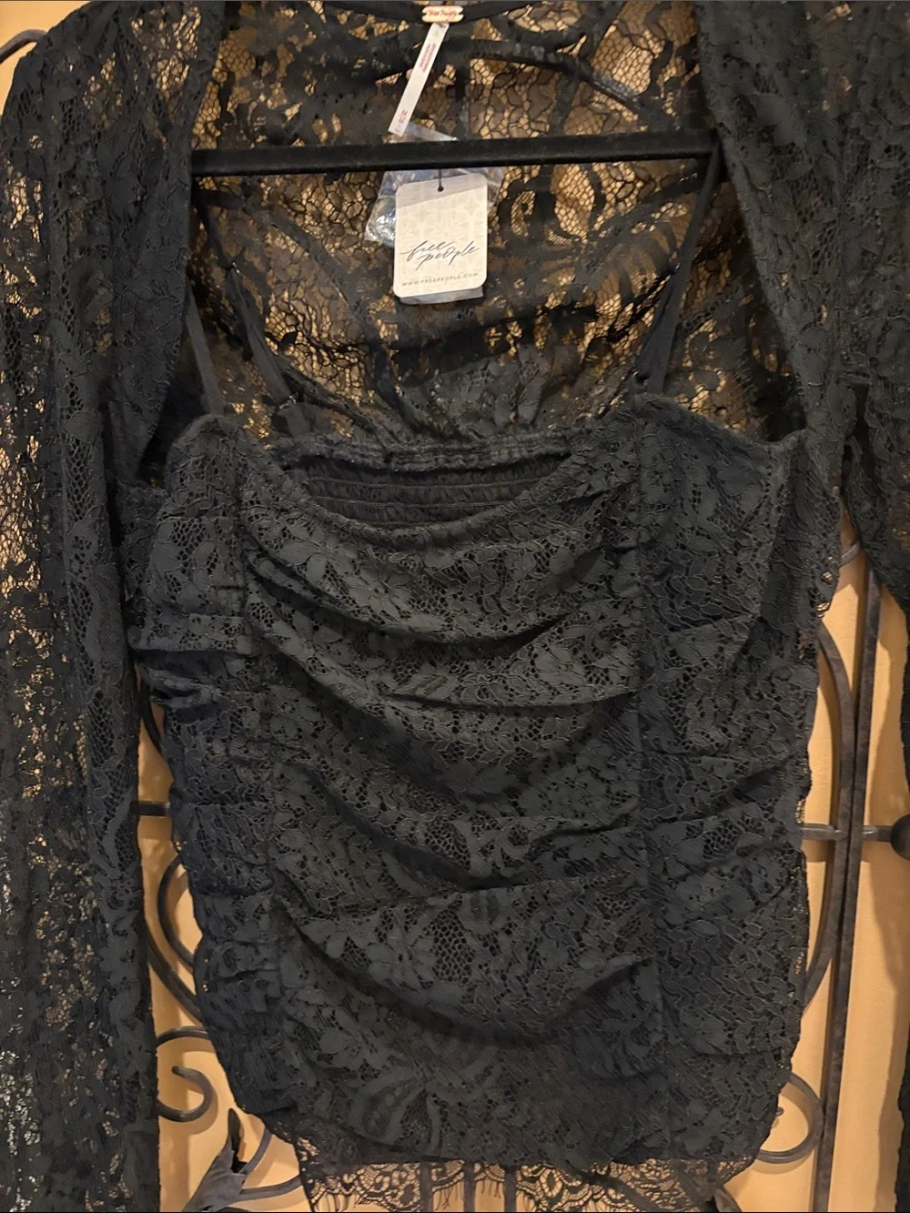Free People Paloma Black Lace Ruched Top with attached cami New with tag